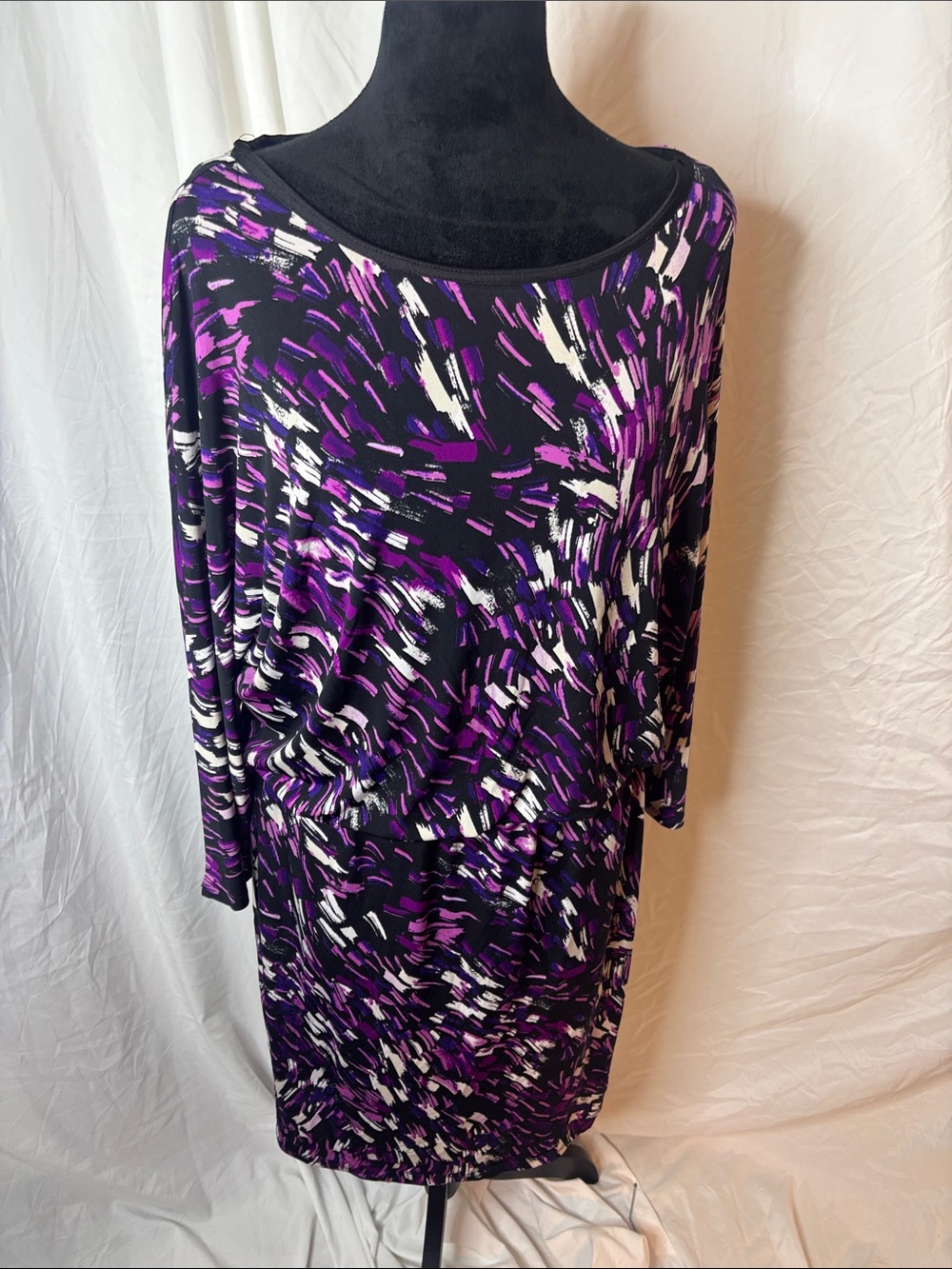 Nine West Black, Purple & White Abstract Long Sleeve Dress